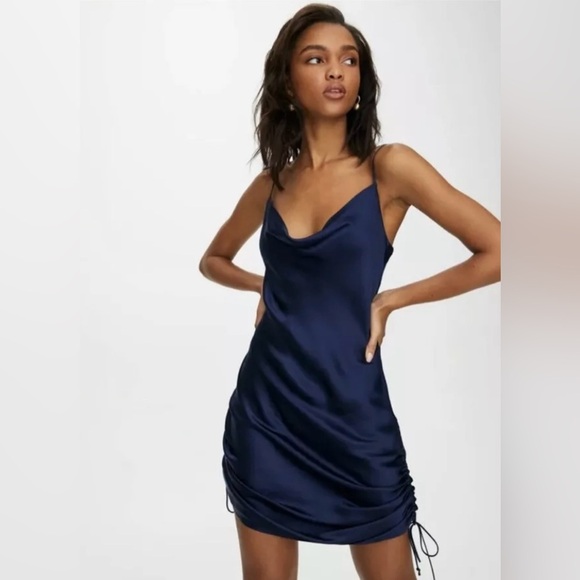 Wilfred Only Aritzia Ruched Navy Blue Slip Satin Dress Sz. SMALL - Picture 1 of 13